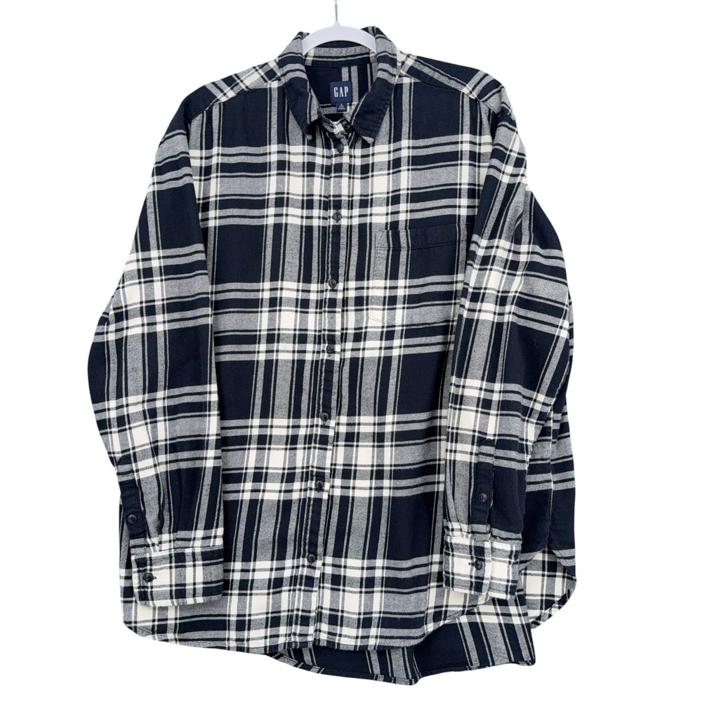 GAP Button Down Flannel Shirt Women L Tall 100% Cotton Plaid Navy White